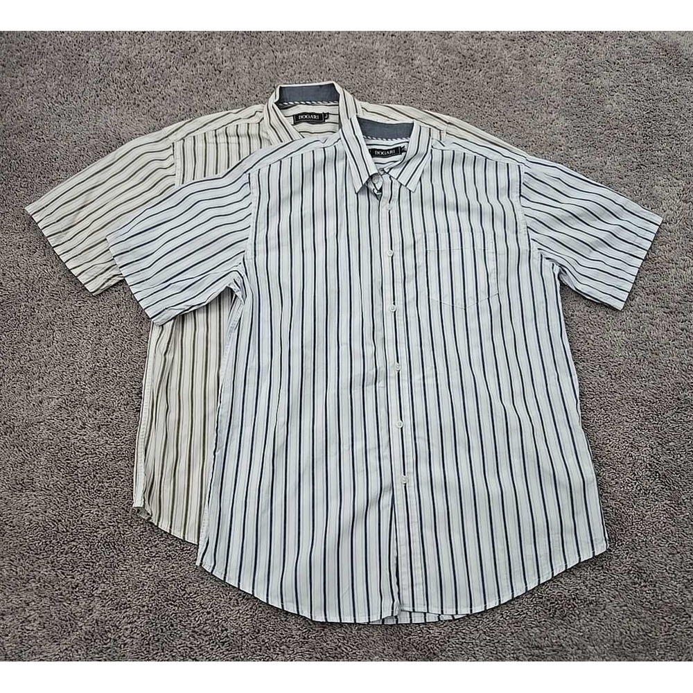 Lot of 2 Bogari Button Up Shirt Mens‎ Large Striped Short Sleeve Chest Pocket